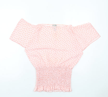 Additional front view of ASOS women’s pink polka dot polyester basic blouse, size UK 6, off the shoulder - shirred