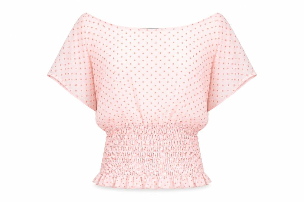 ASOS Womens Pink Polka Dot Polyester Basic Blouse Size 6 Off the Shoulder - Shirred