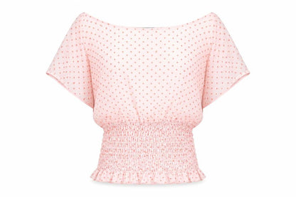 Front view of ASOS women’s pink polka dot polyester basic blouse, size UK 6, off the shoulder - shirred