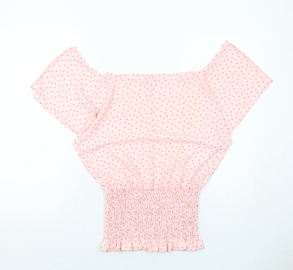 Back view of ASOS women’s pink polka dot polyester basic blouse, size UK 6, off the shoulder - shirred