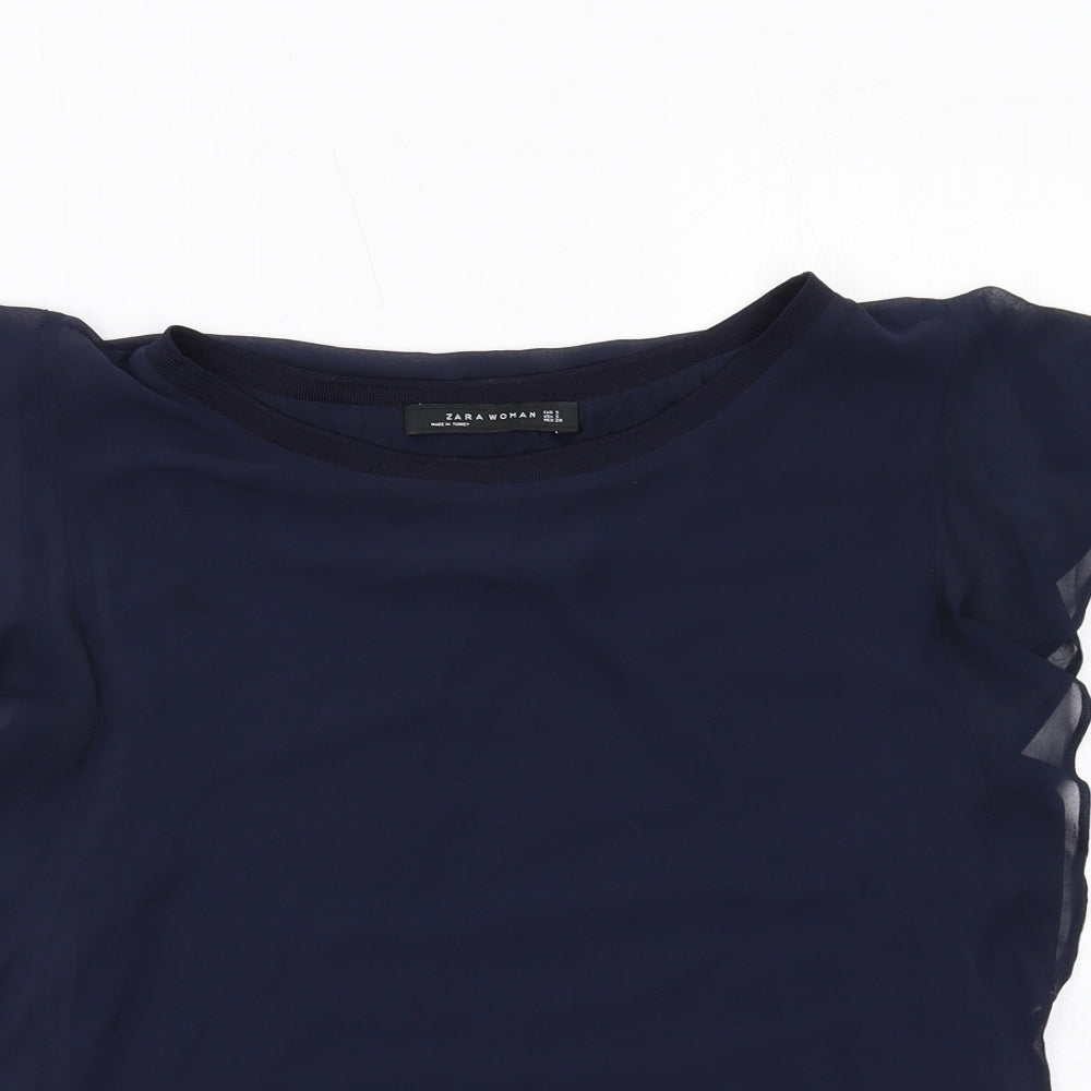 Zara Womens Blue Polyester Basic Blouse Size S Boat Neck