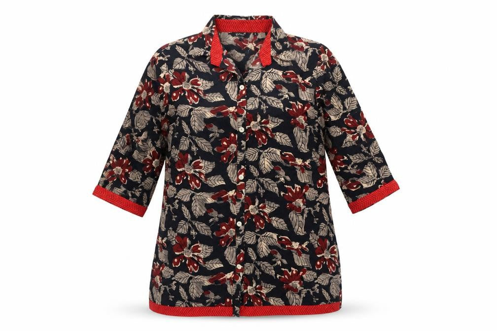 Globus Womens Black Floral Cotton Basic Button-Up Size M Collared