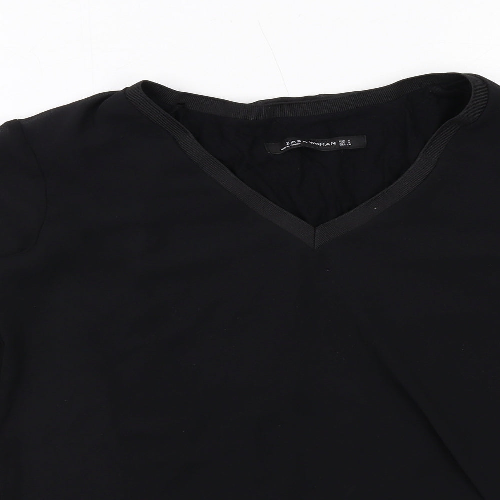 Zara Womens Black Polyester Basic Blouse Size S V-Neck