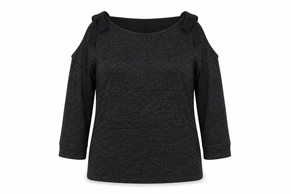 Avon Womens Black Geometric Polyester Basic Blouse Size 14 Round Neck - Cold Shoulder