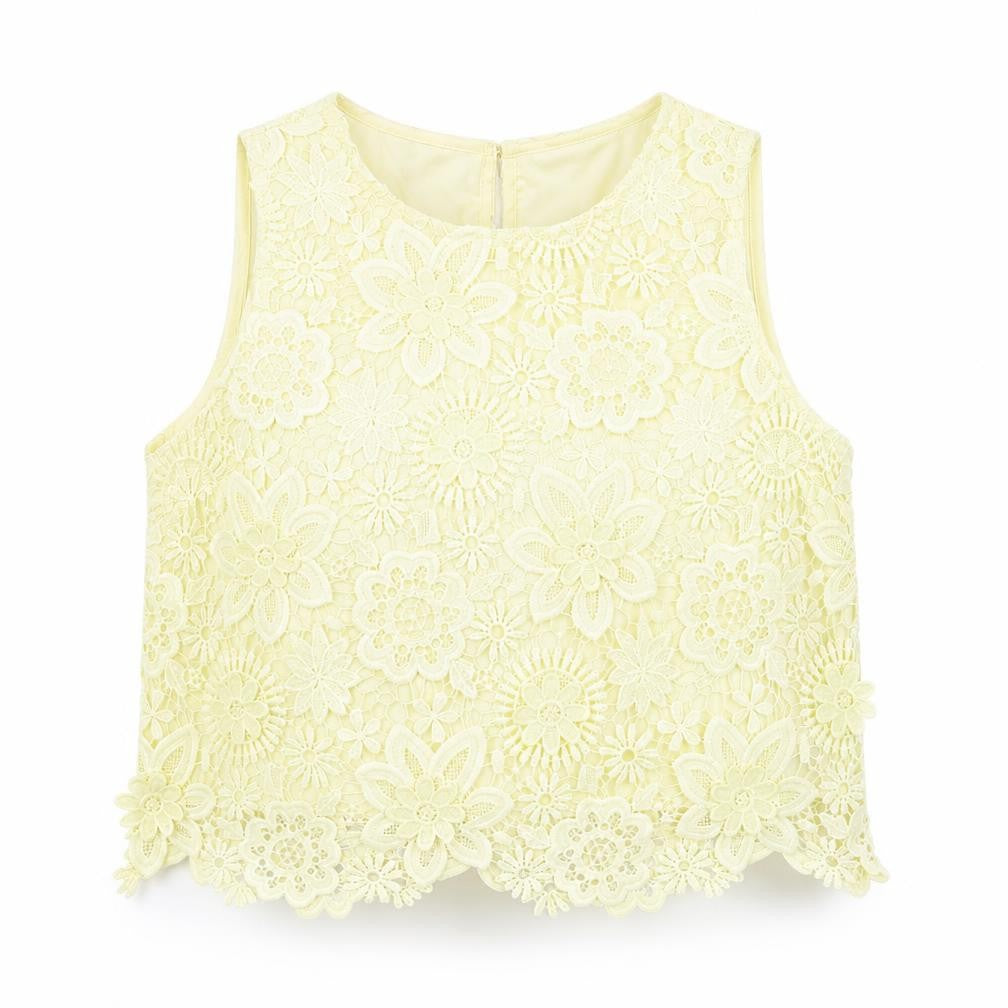 Topshop Womens Yellow Polyester Basic Blouse Size 12 Boat Neck - Crocheted Lace Overlay