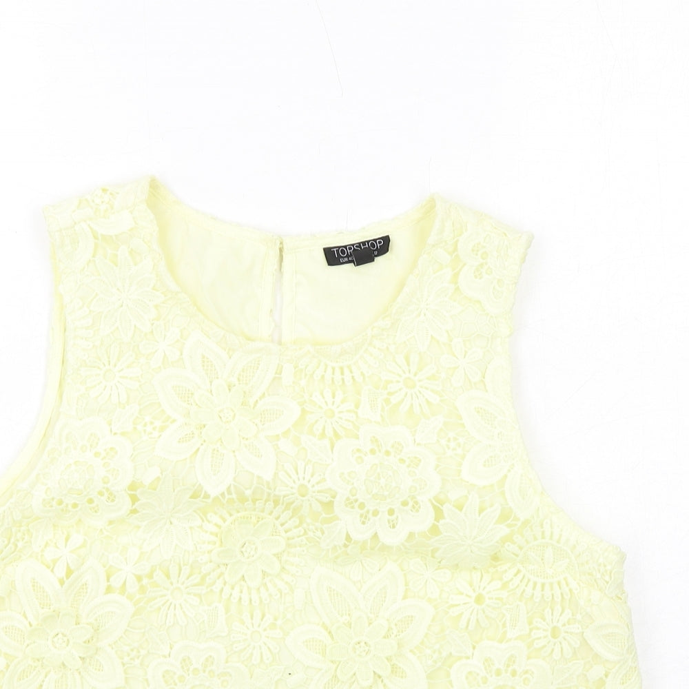 Topshop Womens Yellow Polyester Basic Blouse Size 12 Boat Neck - Crocheted Lace Overlay