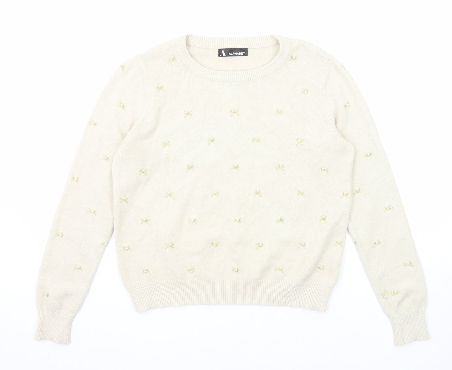 Alphabet Womens Beige Round Neck Geometric Viscose Pullover Jumper Size S