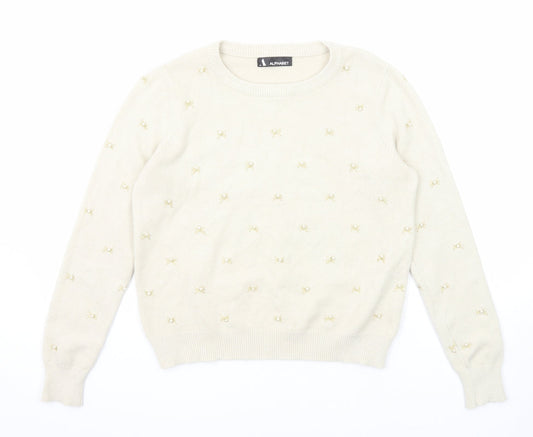 Alphabet Womens Beige Round Neck Geometric Viscose Pullover Jumper Size S