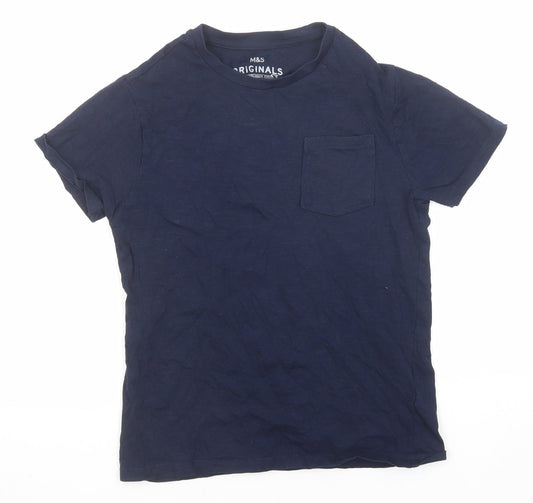 Marks and Spencer Boys Blue Cotton Basic T-Shirt Size 10-11 Years Round Neck Pullover