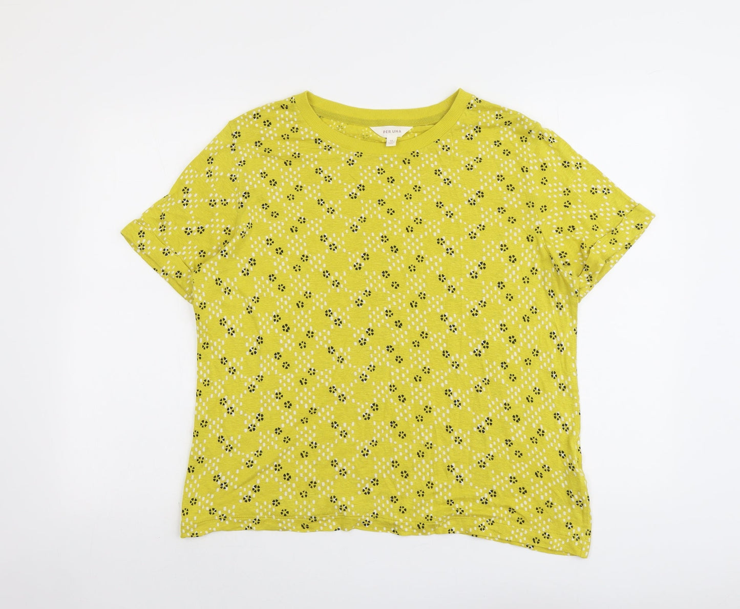 Per Una Womens Yellow Geometric Viscose Basic T-Shirt Size 12 Round Neck