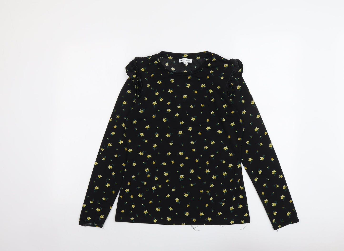 Warehouse Womens Black Floral Polyester Basic T-Shirt Size 10 Round Neck