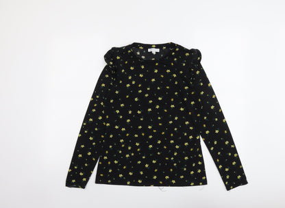 Warehouse Womens Black Floral Polyester Basic T-Shirt Size 10 Round Neck