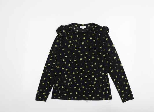 Warehouse Womens Black Floral Polyester Basic T-Shirt Size 10 Round Neck