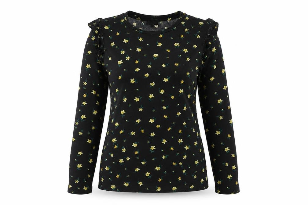 Warehouse Womens Black Floral Polyester Basic T-Shirt Size 10 Round Neck