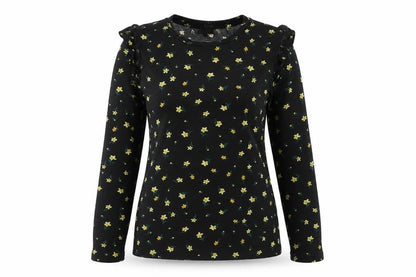Warehouse Womens Black Floral Polyester Basic T-Shirt Size 10 Round Neck