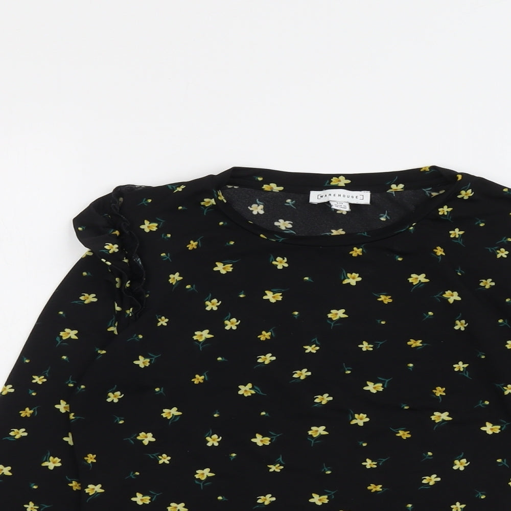 Warehouse Womens Black Floral Polyester Basic T-Shirt Size 10 Round Neck