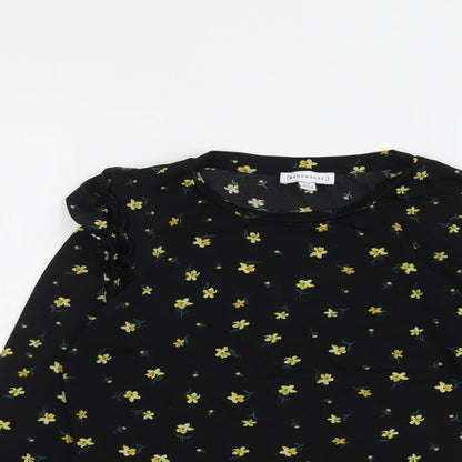 Warehouse Womens Black Floral Polyester Basic T-Shirt Size 10 Round Neck