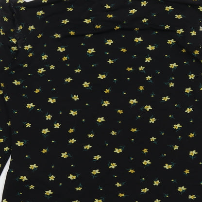Warehouse Womens Black Floral Polyester Basic T-Shirt Size 10 Round Neck
