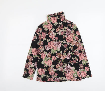 Additional front view of Next girls’ black floral cotton basic t-shirt, size 10, years roll neck pullover