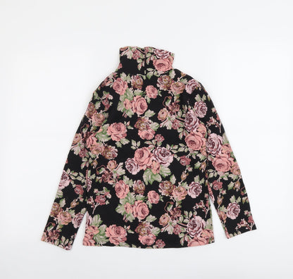 Back view of Next girls’ black floral cotton basic t-shirt, size 10, years roll neck pullover