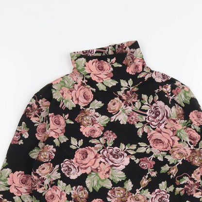 Close-up detail of Next girls’ black floral cotton basic t-shirt, size 10, years roll neck pullover