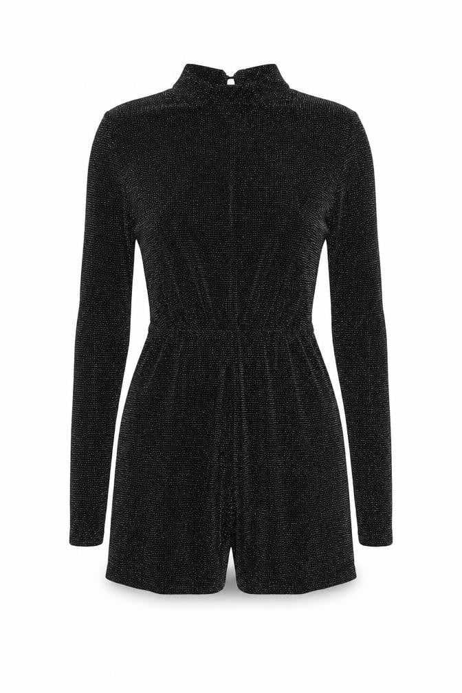 PRETTYLITTLETHING Womens Black Geometric Polyester Playsuit One-Piece Size 6 Button - Open Back