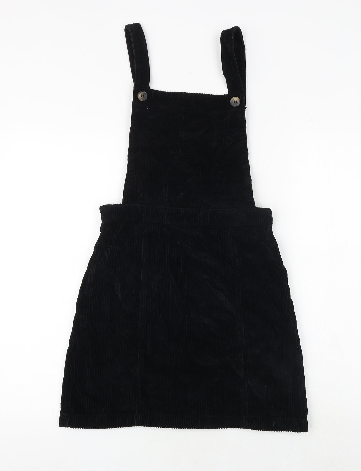 Topshop Womens Black 100% Cotton Pinafore/Dungaree Dress Size 4 Square Neck Button