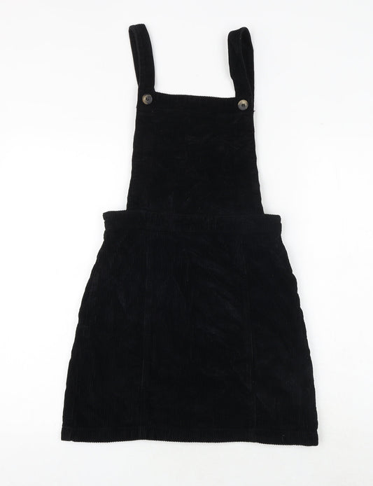 Topshop Womens Black 100% Cotton Pinafore/Dungaree Dress Size 4 Square Neck Button