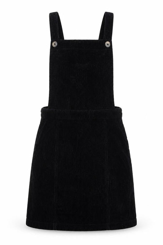 Topshop Womens Black 100% Cotton Pinafore/Dungaree Dress Size 4 Square Neck Button