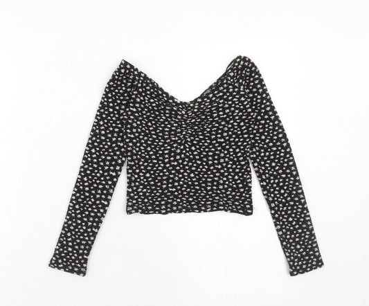 Bershka Womens Black Floral Polyester Basic T-Shirt Size XS Off the Shoulder