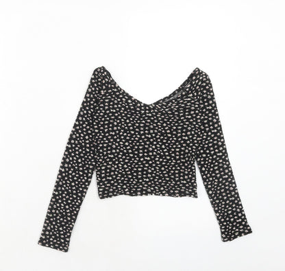 Bershka Womens Black Floral Polyester Basic T-Shirt Size XS Off the Shoulder