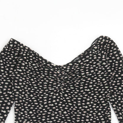 Bershka Womens Black Floral Polyester Basic T-Shirt Size XS Off the Shoulder