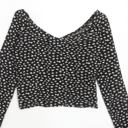 Bershka Womens Black Floral Polyester Basic T-Shirt Size XS Off the Shoulder