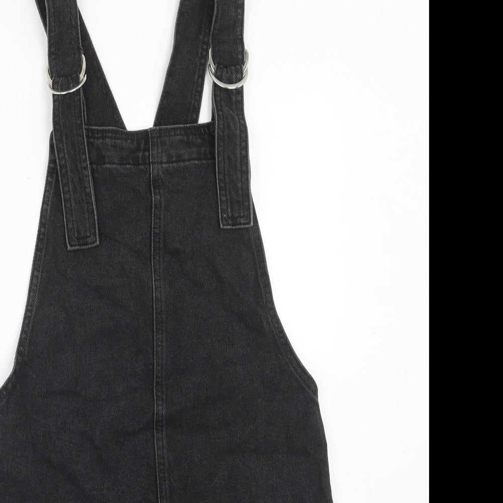 Topshop Womens Black Cotton Pinafore/Dungaree Dress Size 6 Square Neck Button