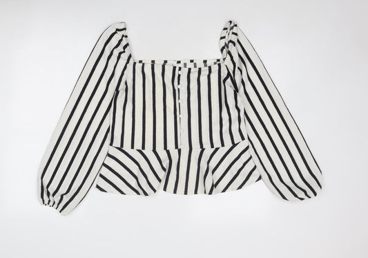 H&M Womens White Striped Polyester Basic Blouse Size L Square Neck