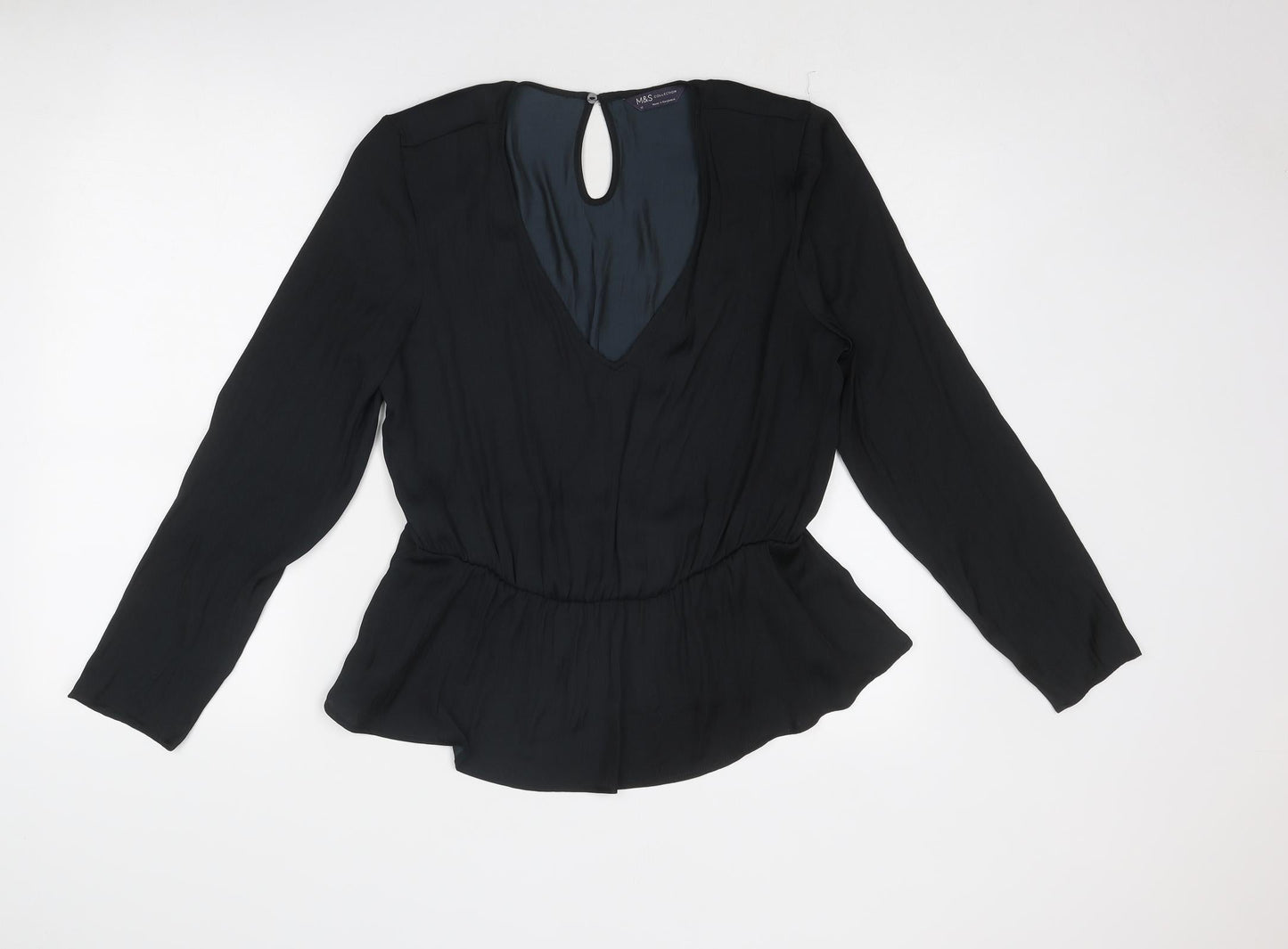 Marks and Spencer Womens Black Polyester Basic Blouse Size 12 V-Neck - Peplum