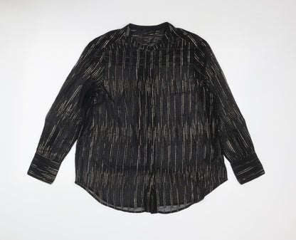 Marks & Spencer Womens Black Geometric Polyester Basic Button-Up Size 10 V-Neck