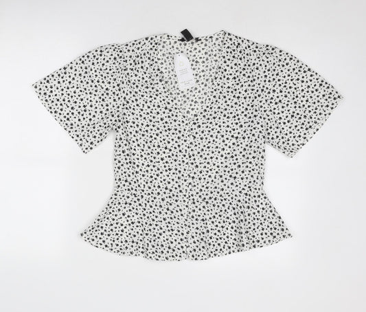 New Look Womens White Geometric Polyester Basic Button-Up Size 8 V-Neck