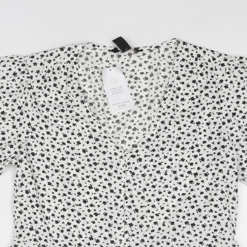 New Look Womens White Geometric Polyester Basic Button-Up Size 8 V-Neck