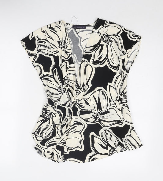 Marks and Spencer Womens Black Floral Polyester Wrap Blouse Size 10 V-Neck