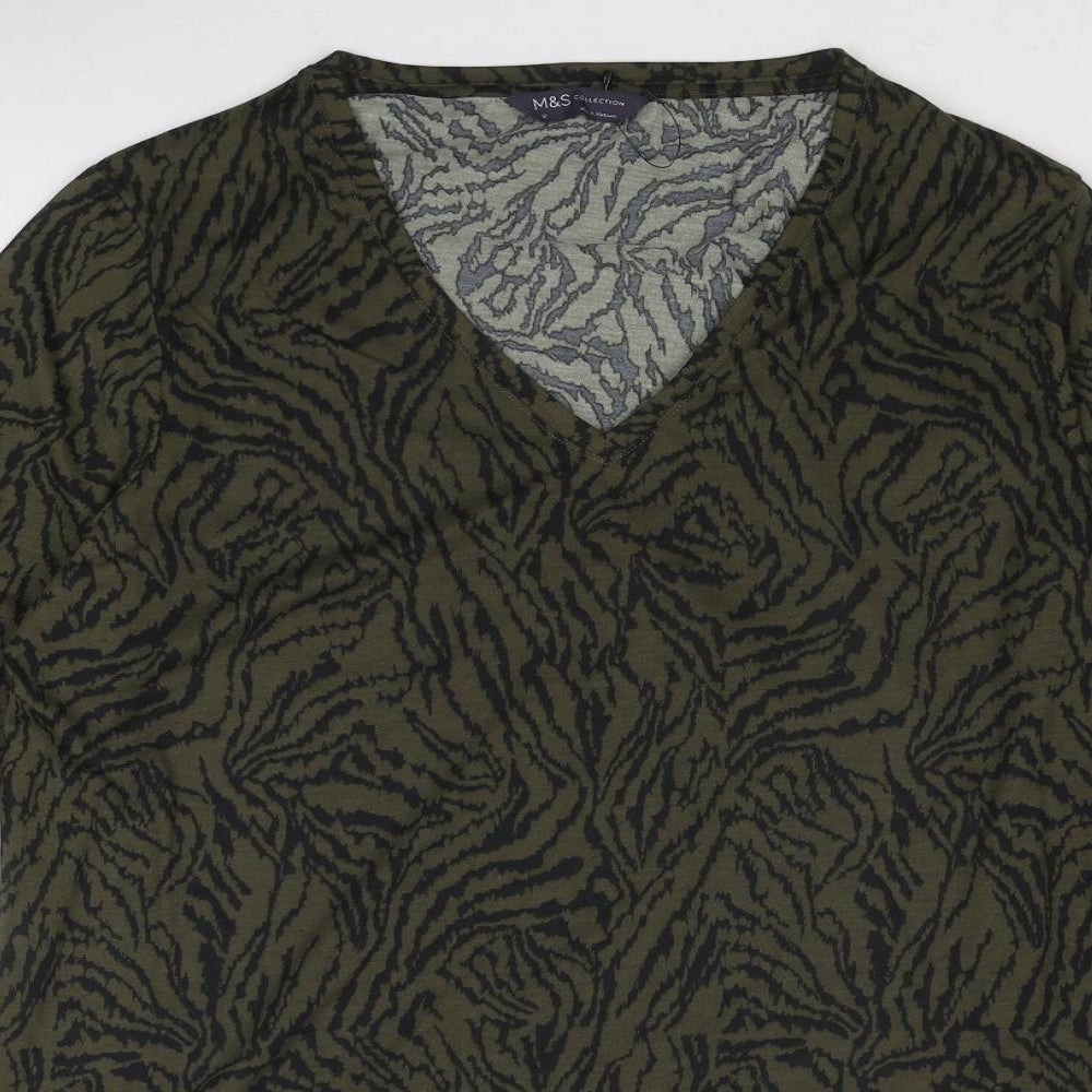 Marks and Spencer Womens Green Animal Print Polyester Basic Blouse Size 12 V-Neck