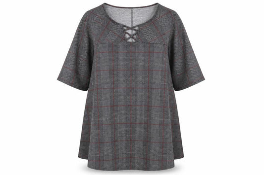 Yours Womens Grey Plaid Polyester Trapeze & Swing Size 16 Round Neck Pullover