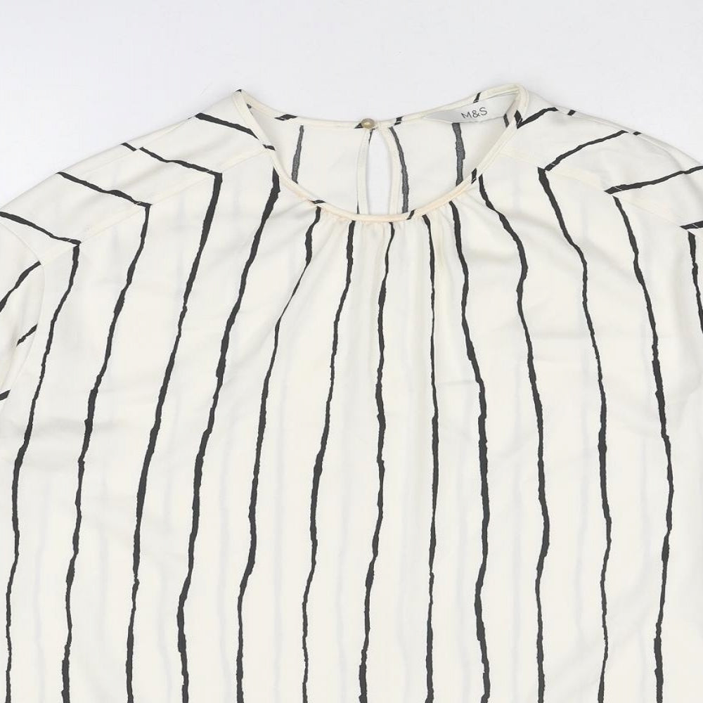 Marks and Spencer Womens Ivory Striped Polyester Basic Blouse Size 10 Round Neck