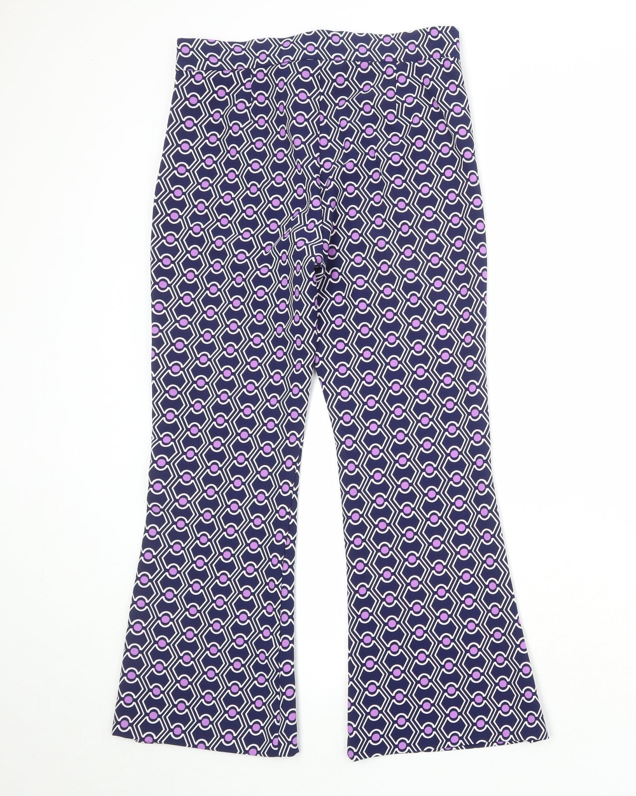 Zara Womens Blue Geometric Polyester Trousers Size M Regular Zip