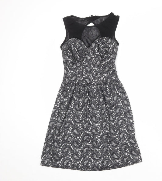 Topshop Womens Black Geometric Cotton Skater Dress Size 6 Round Neck Zip