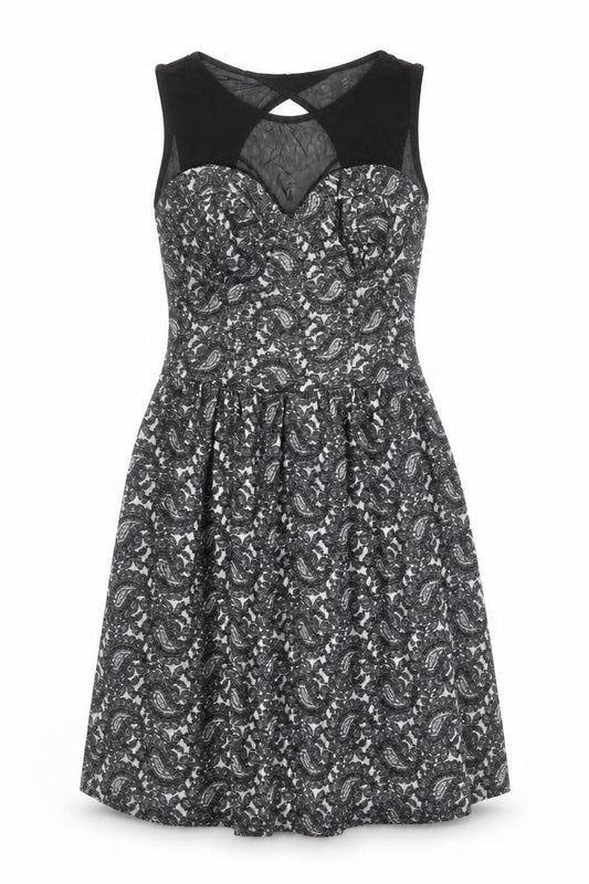 Topshop Womens Black Geometric Cotton Skater Dress Size 6 Round Neck Zip