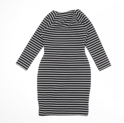Jane Norman Womens Black Striped Polyester Shift Size 6 V-Neck Pullover