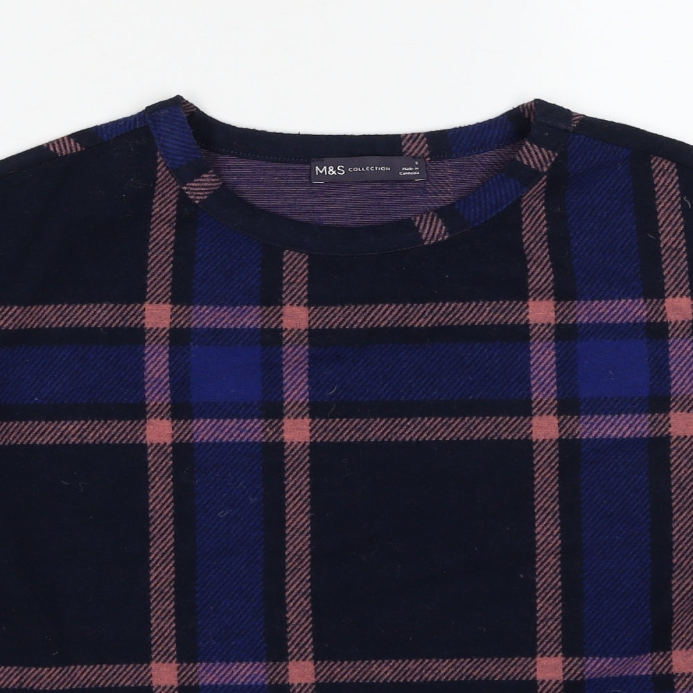 Marks and Spencer Womens Blue Round Neck Check Polyester Pullover Jumper Size 8