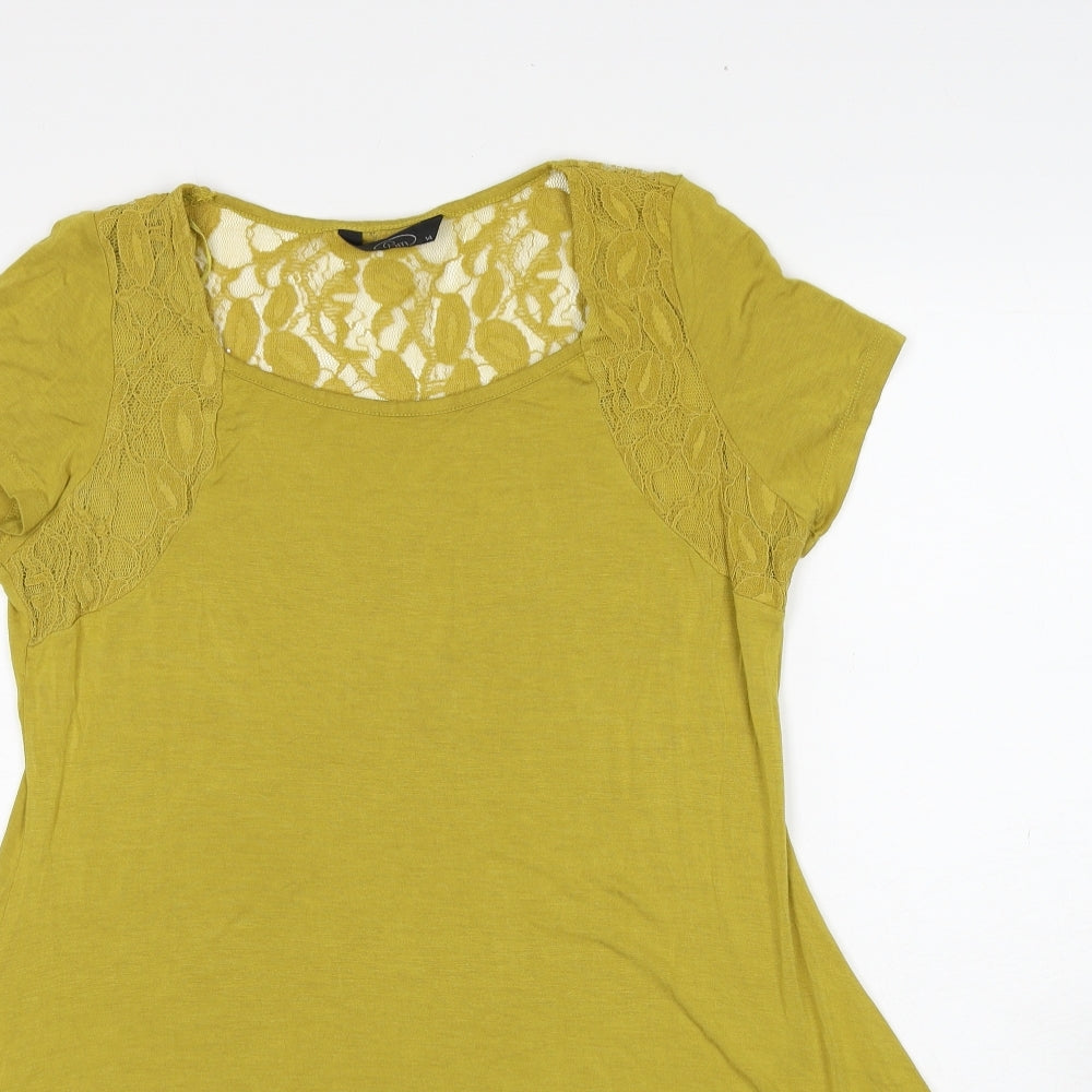 Bonmarché Womens Yellow Cotton Basic T-Shirt Size 14 Scoop Neck - Asymmetric Lace Detail