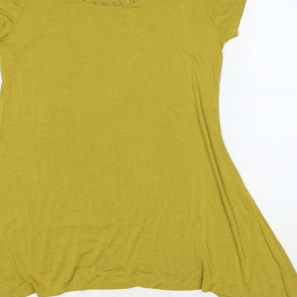 Bonmarché Womens Yellow Cotton Basic T-Shirt Size 14 Scoop Neck - Asymmetric Lace Detail